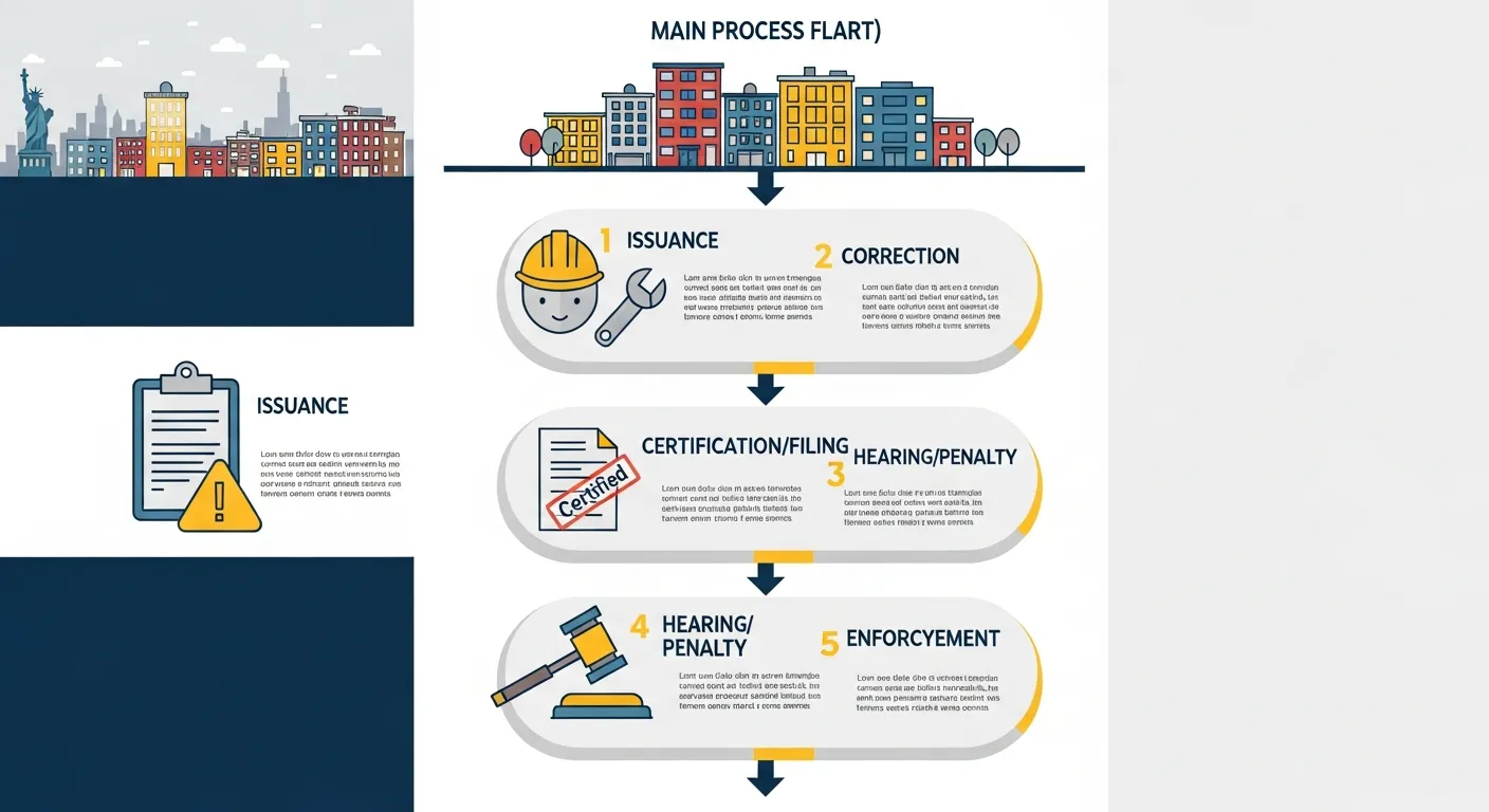 Infographic of NYC building violation lifecycle and its hidden insurance, permit, delay impacts.