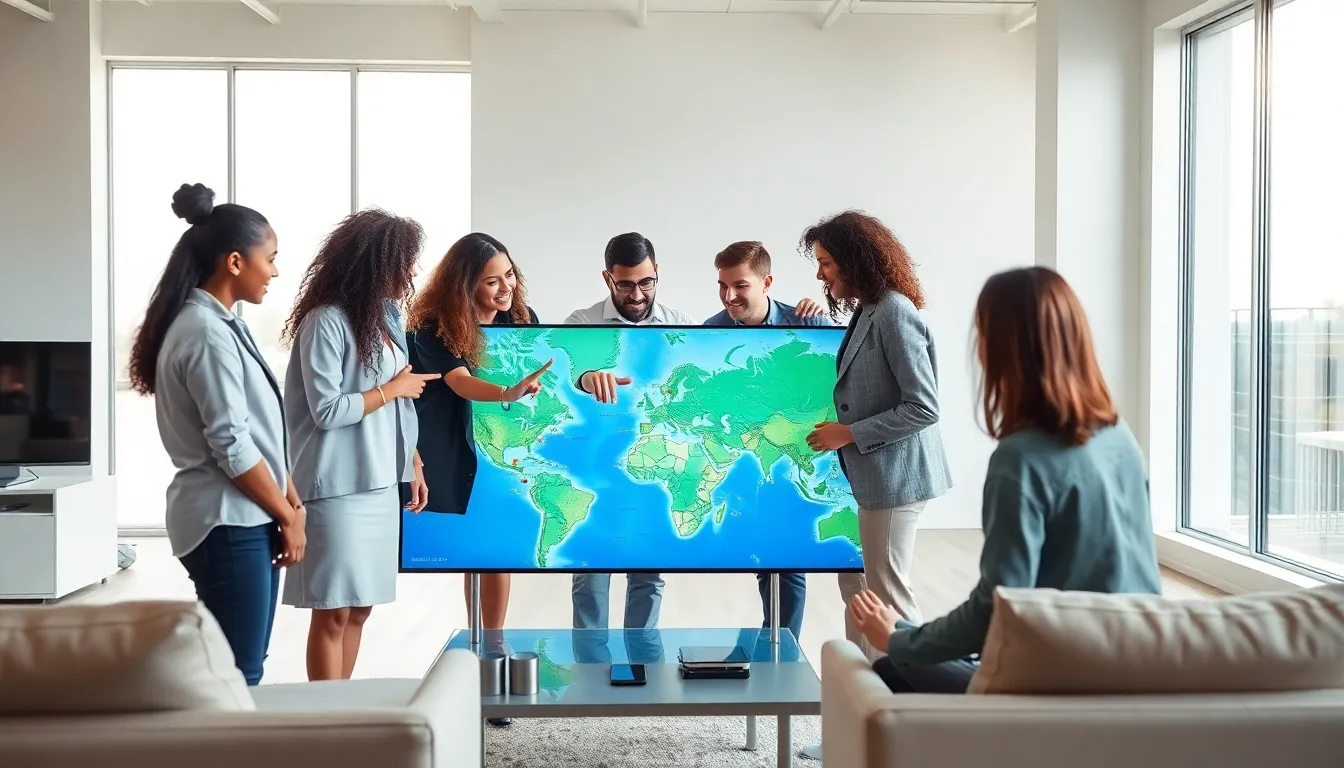 diverse team discussing historical locations in a modern office.