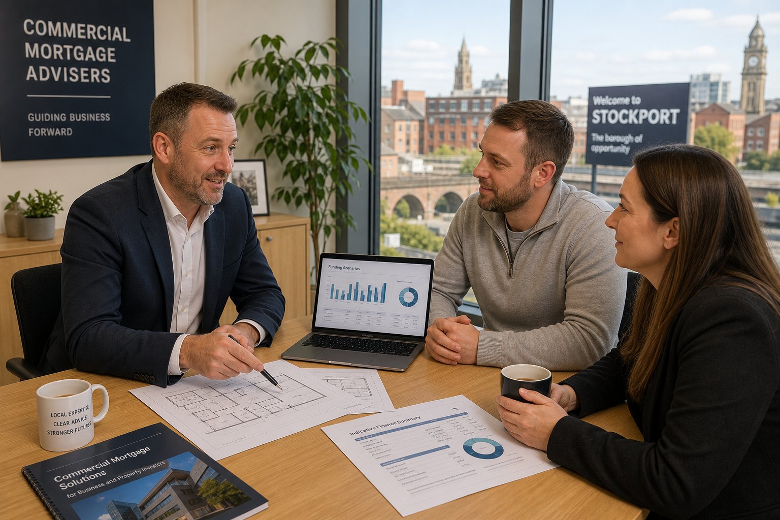 Commercial Mortgage Broker Stockport - Purchase and Refi 16 Professional commercial mortgage adviser meeting business clients in a modern naturally lit office, reviewing property and finance documents with a subtle Stockport urban backdrop.