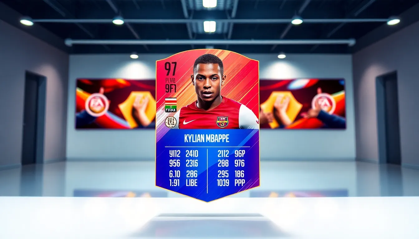 FIFA card of Kylian Mbappé featuring vibrant design and stats.