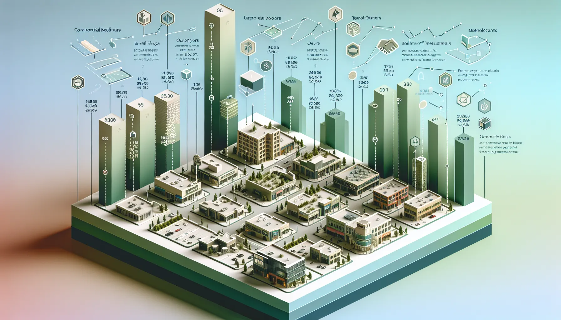 Orinda commercial property icons with revenue flows and income distribution graphics.