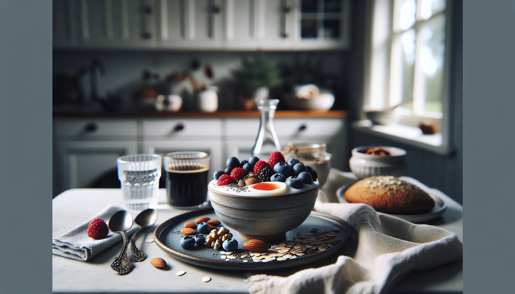 Proteinrike frokoster med ferske egg, yoghurt og bær 2 Skyr with berries, soft‑boiled egg, and whole‑grain bread on table.