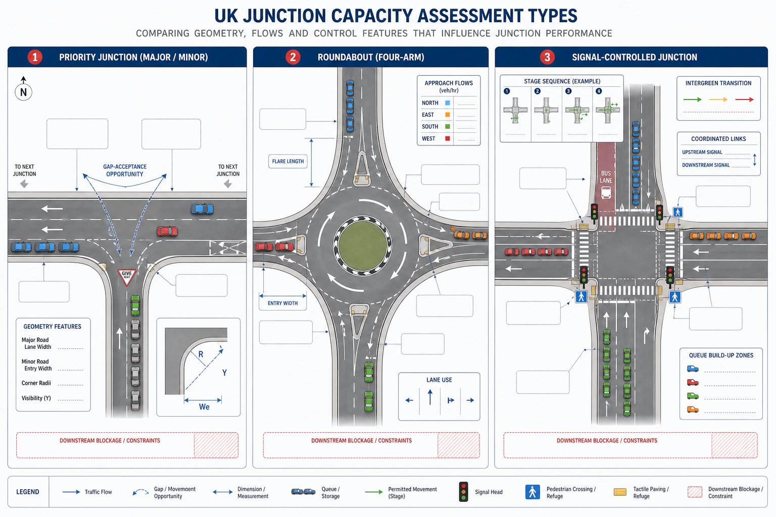 comparison infographic of priority, roundabout, and signal junction capacity assessment.