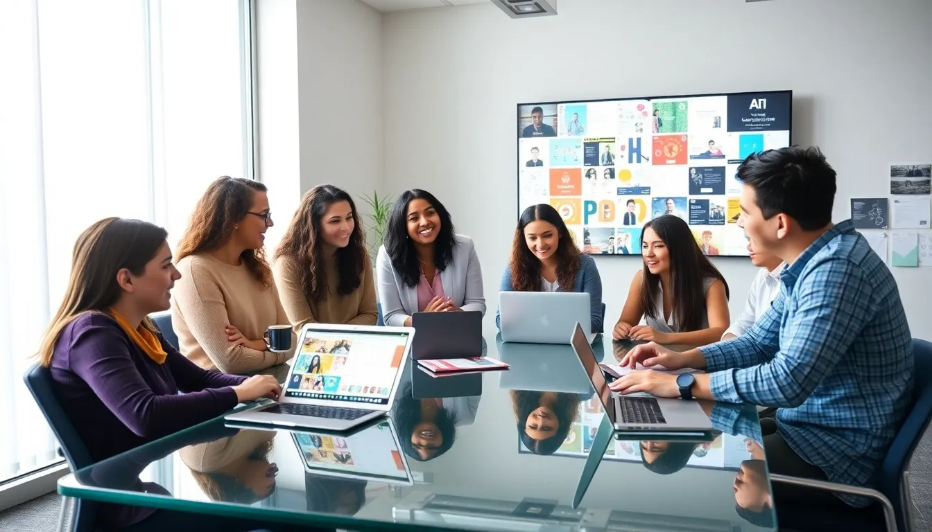 diverse team collaborating on AI-generated yearbook designs in a modern office.