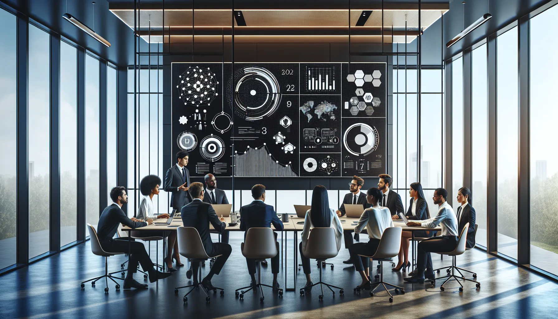 diverse team discussing data management in a modern office.