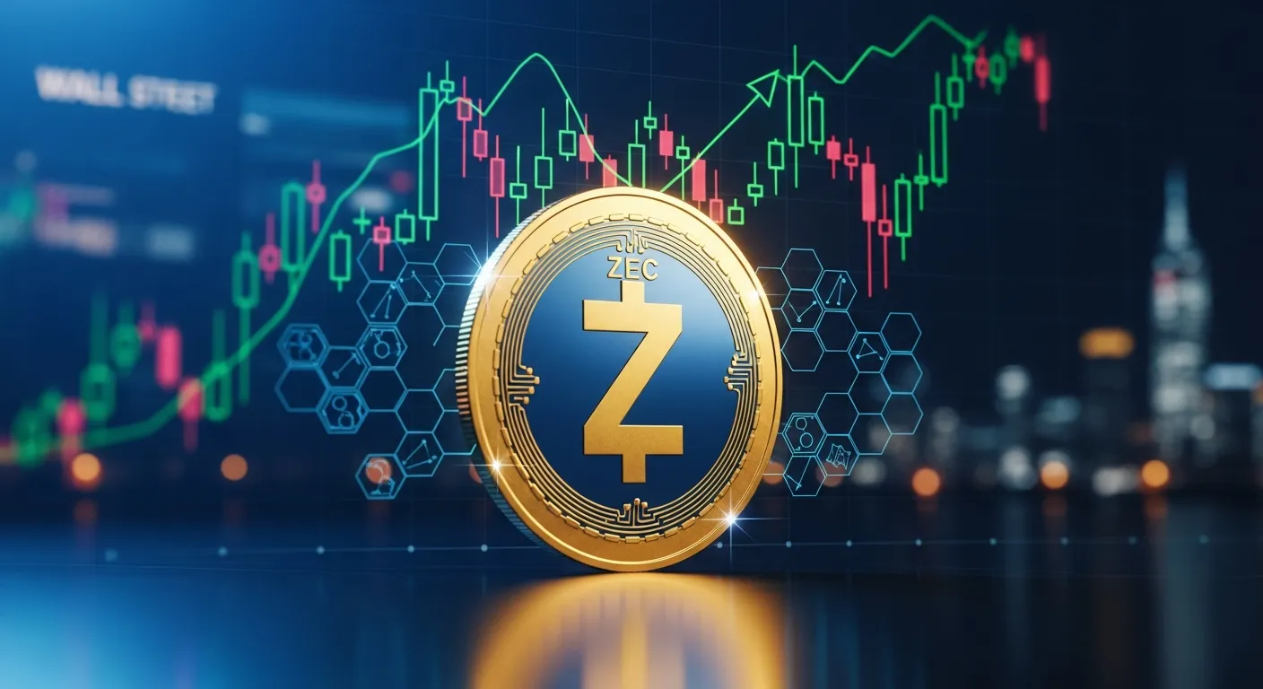 A glowing Zcash coin rising against a bullish crypto price chart background.