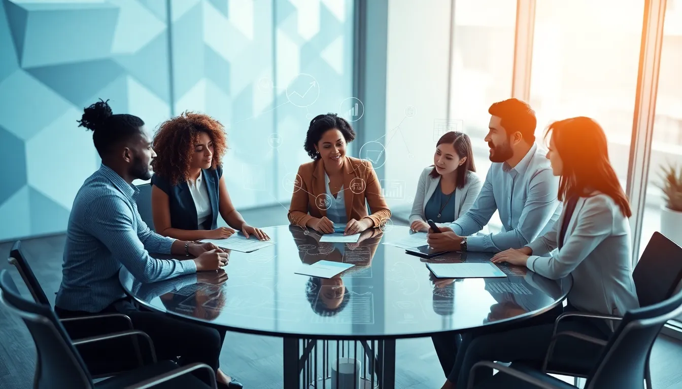 diverse team brainstorming in a modern office.