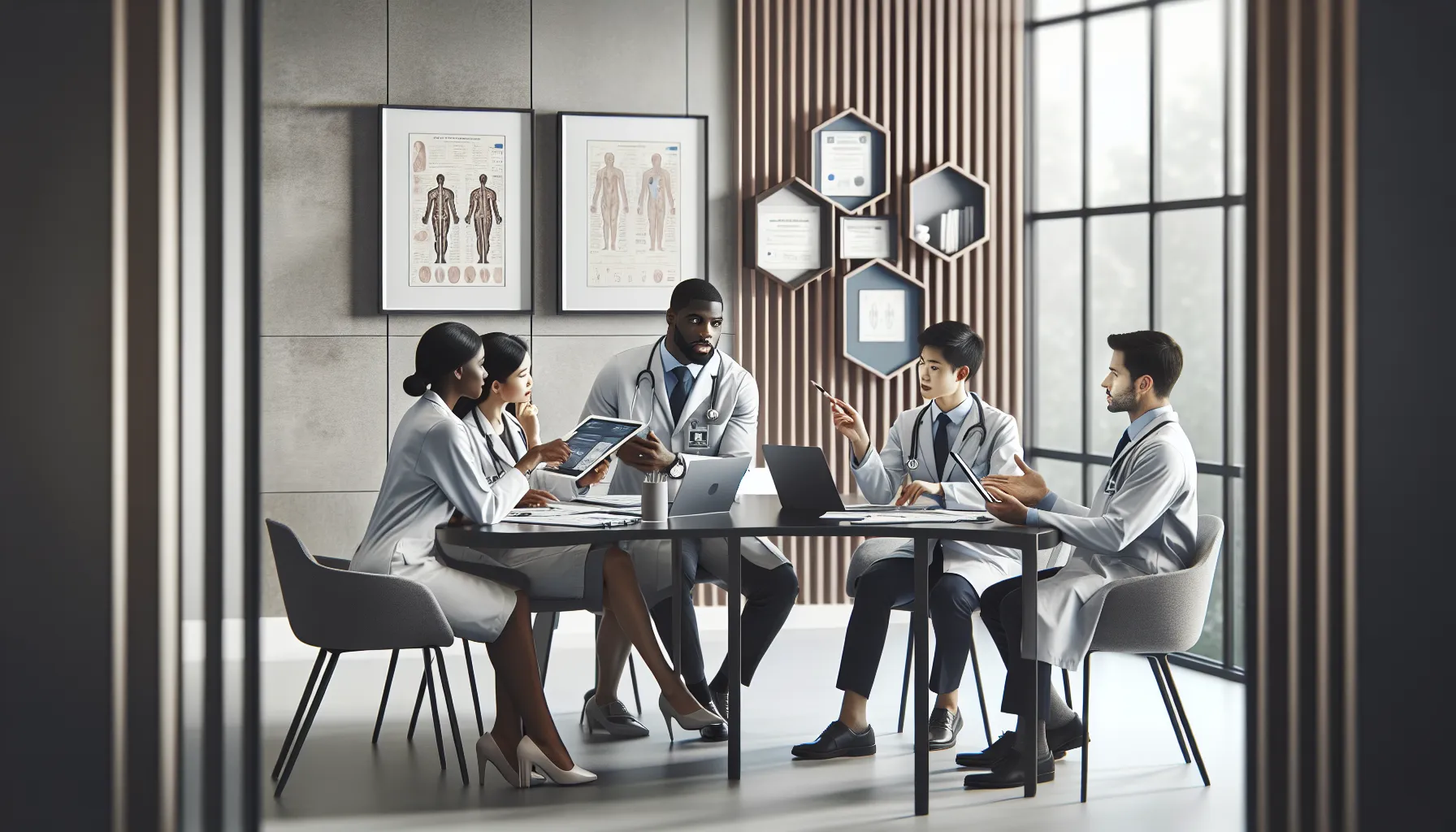medical professionals discussing patient care in a modern office.