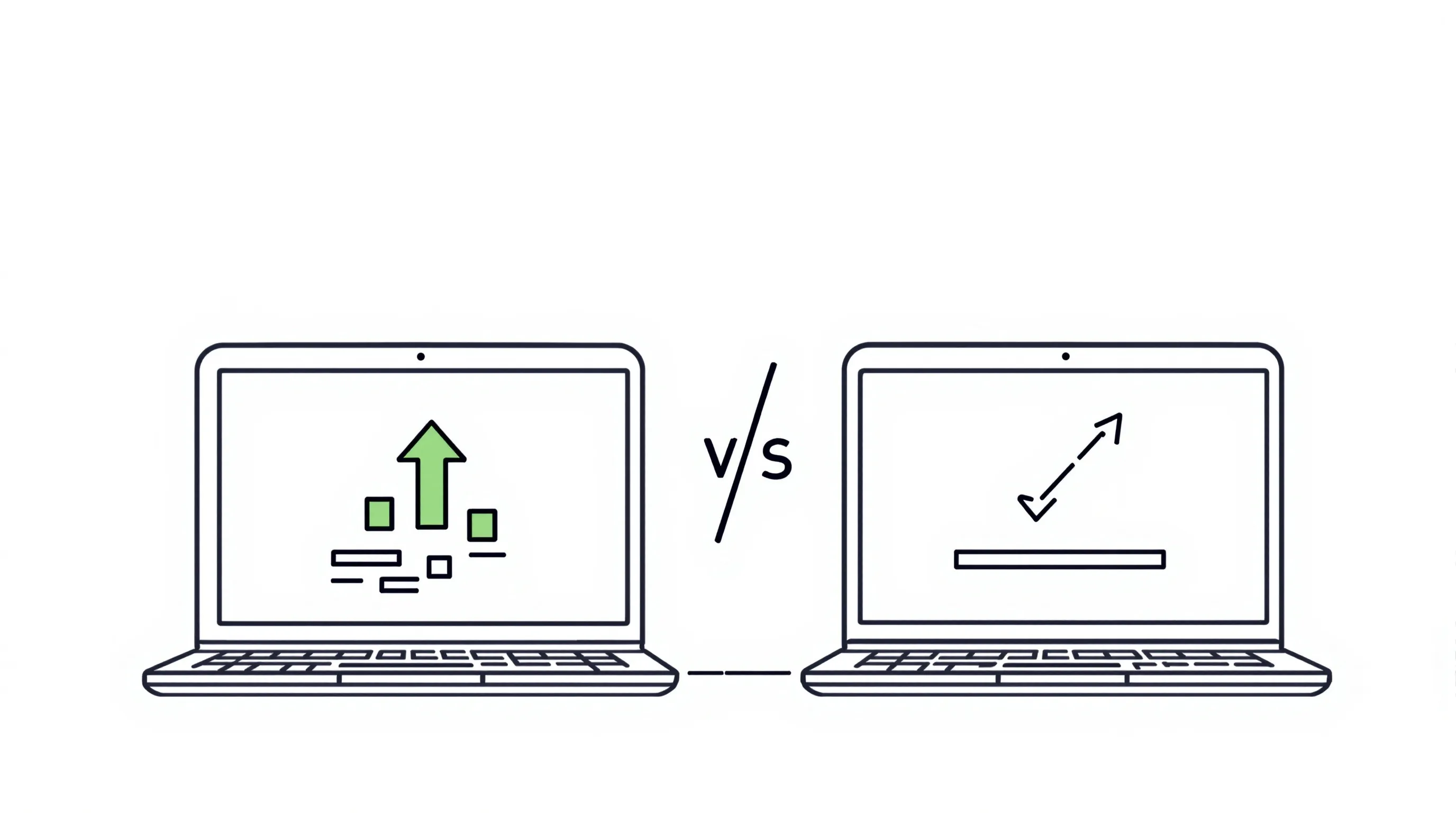 Two minimal laptop screens side by side showing website performance comparison.