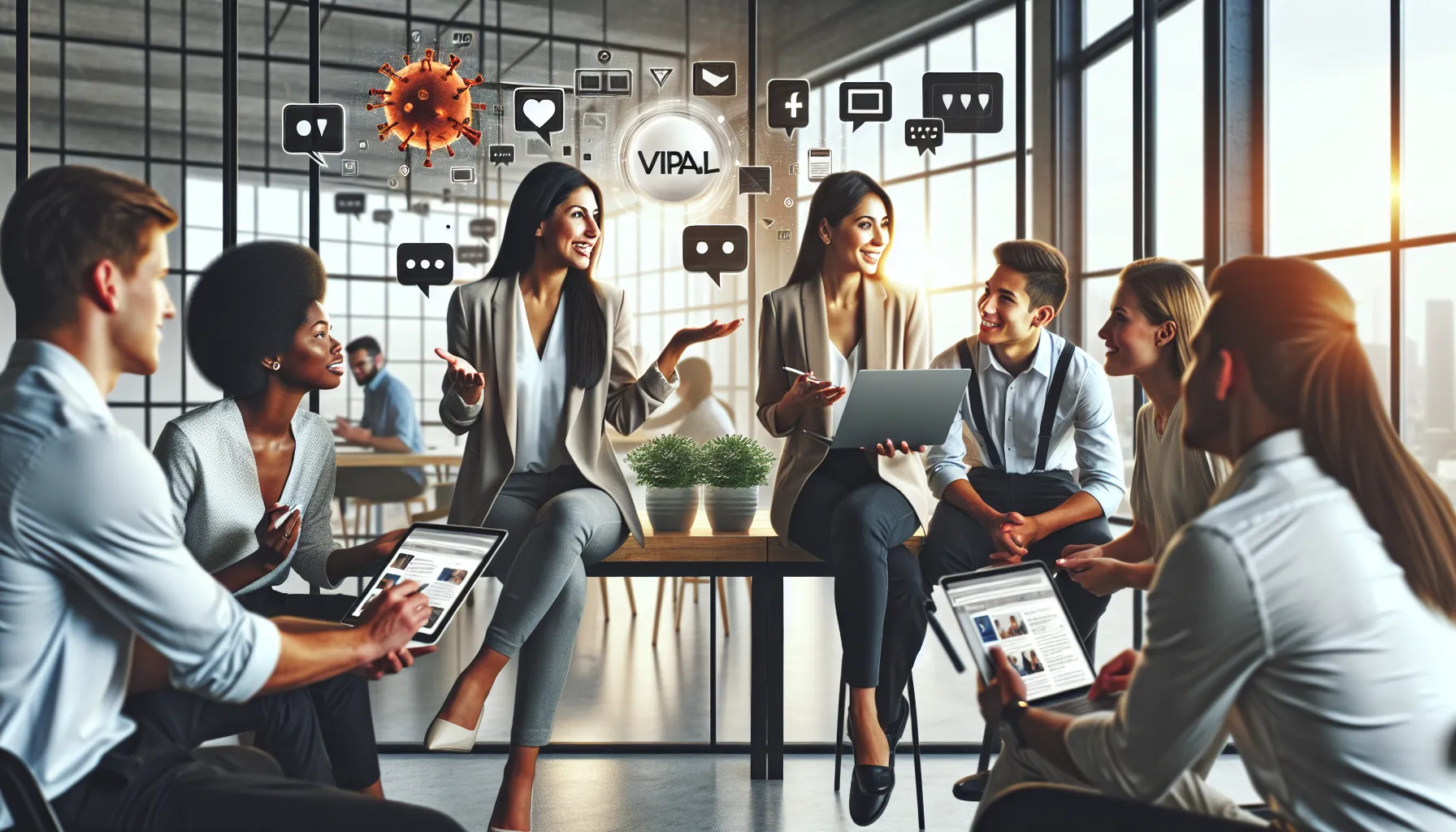 diverse group discussing content engagement in a modern office.