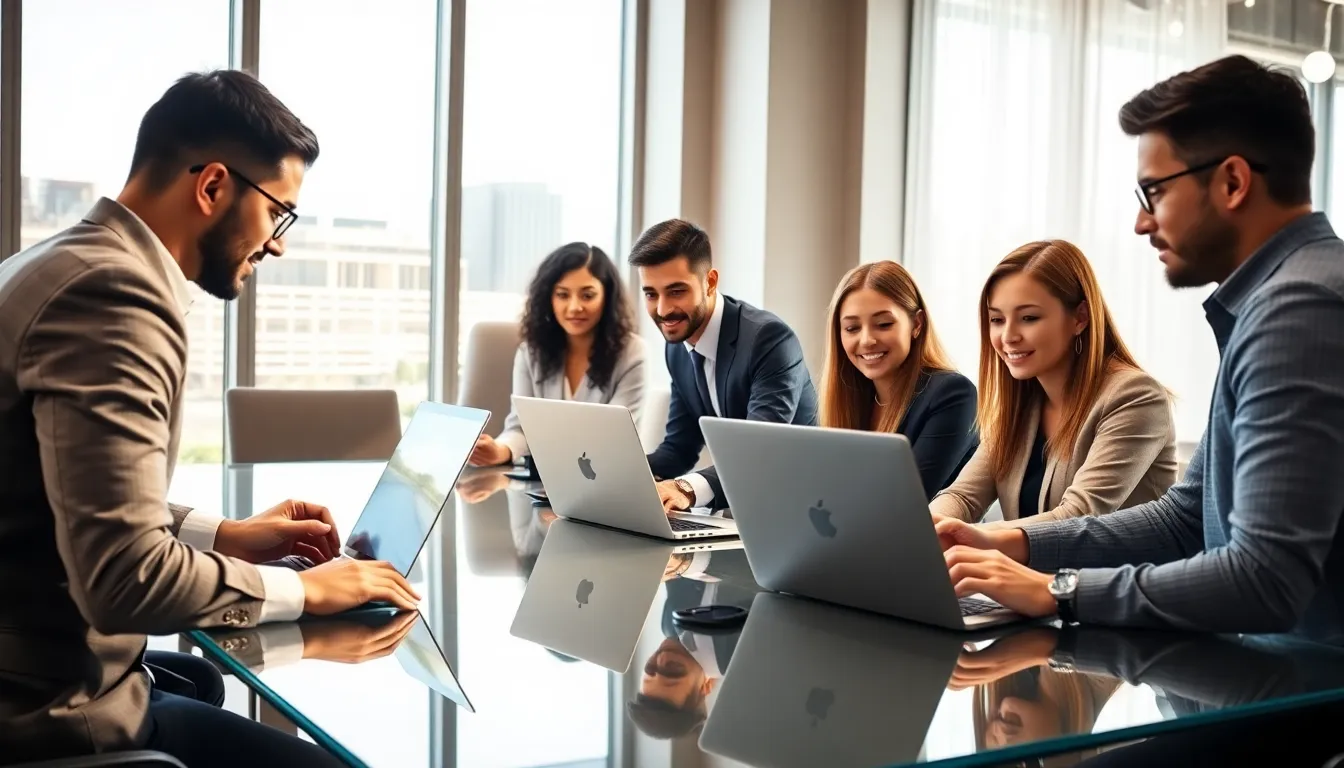 diverse team collaborating on online business management in a modern office.