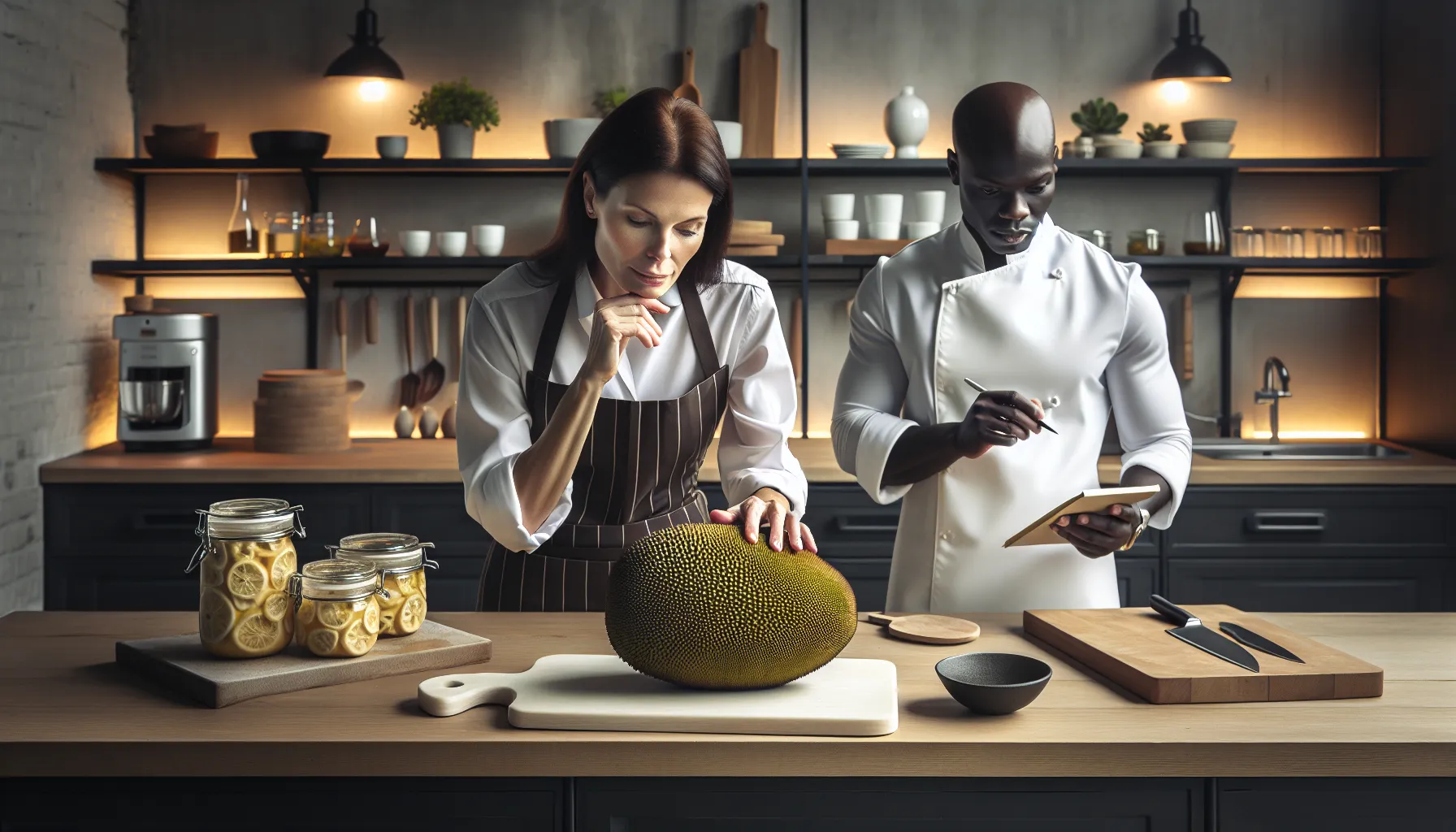 chefs examining a ripe jackfruit in a modern kitchen.