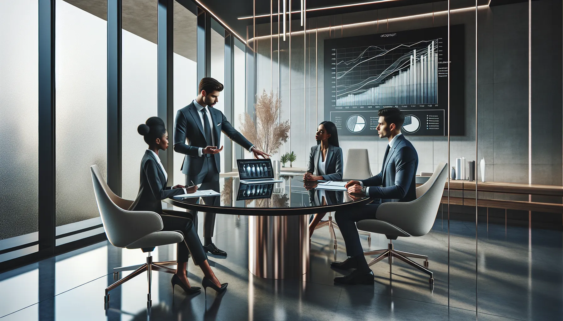 diverse professionals discussing legal issues in a modern office.