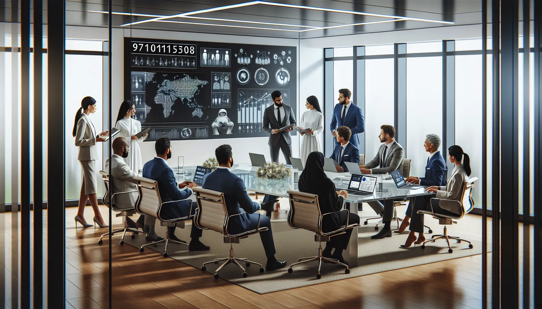 diverse professionals discussing data security in a modern office.