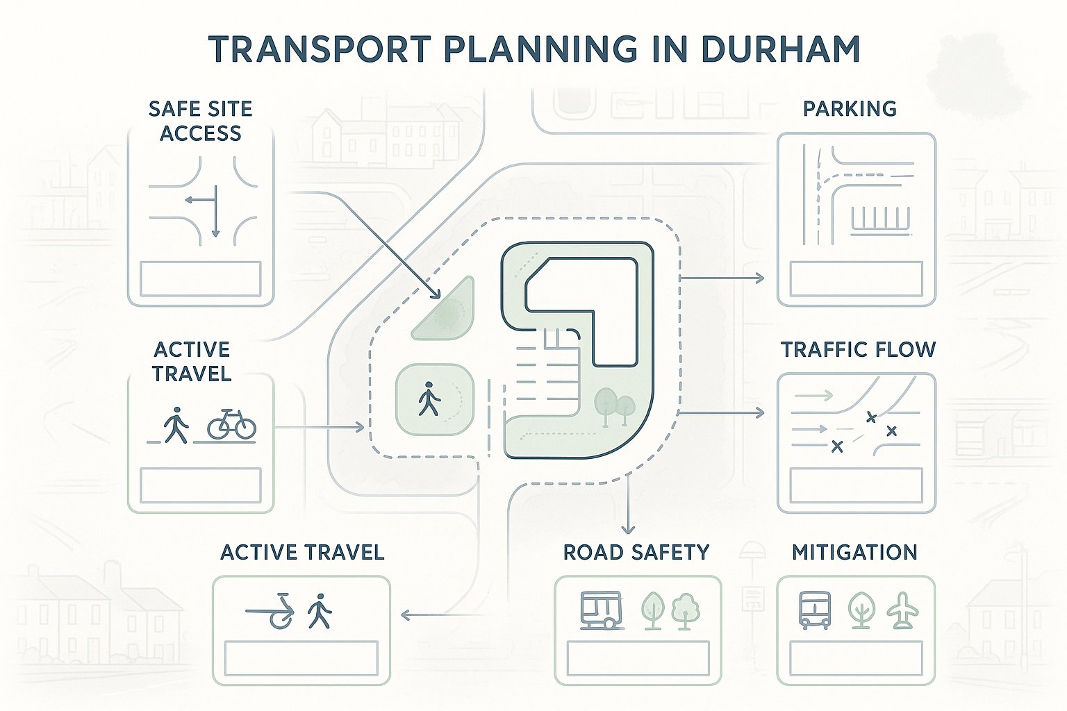 Infographic showing six key parts of transport planning in Durham.