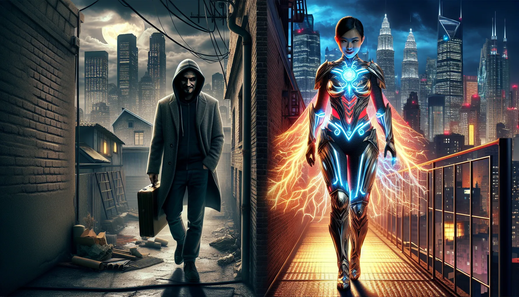 A hypothetical urban scene contrasts a villain in shadows and a supervillain in bright grandeur.