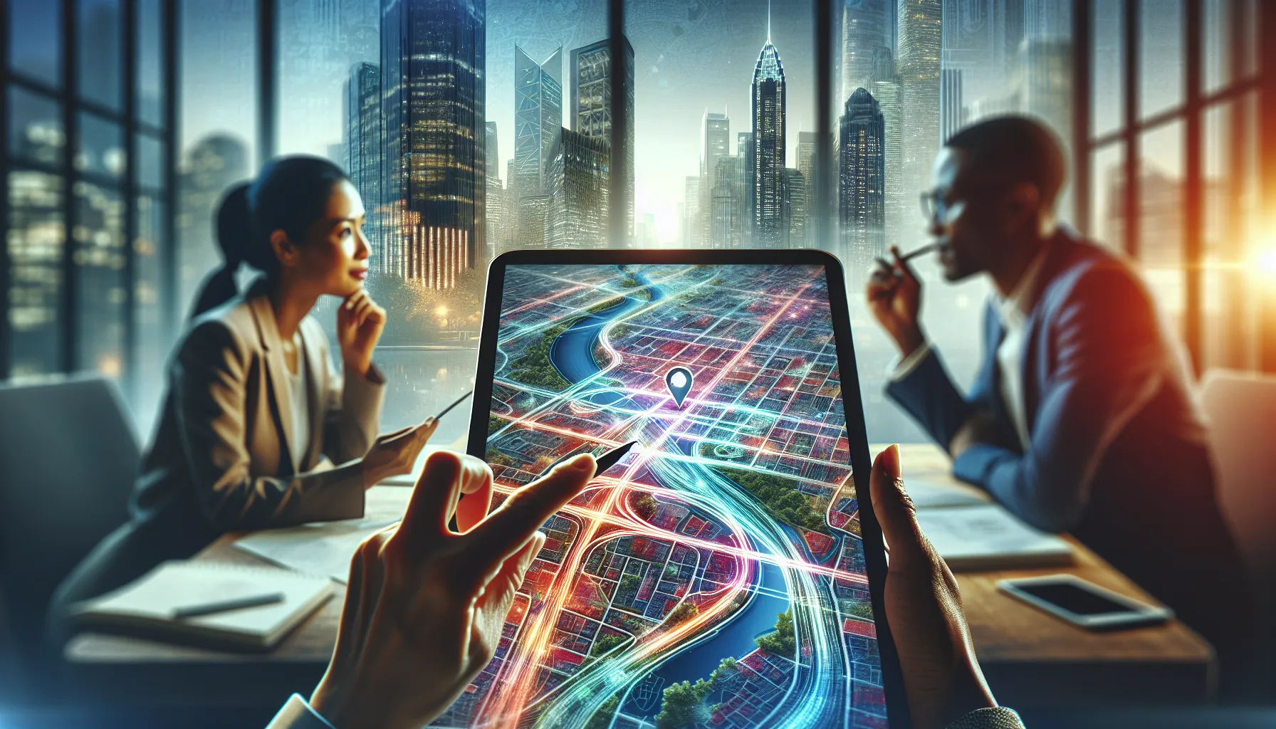 diverse team discussing a digital map in an urban setting.