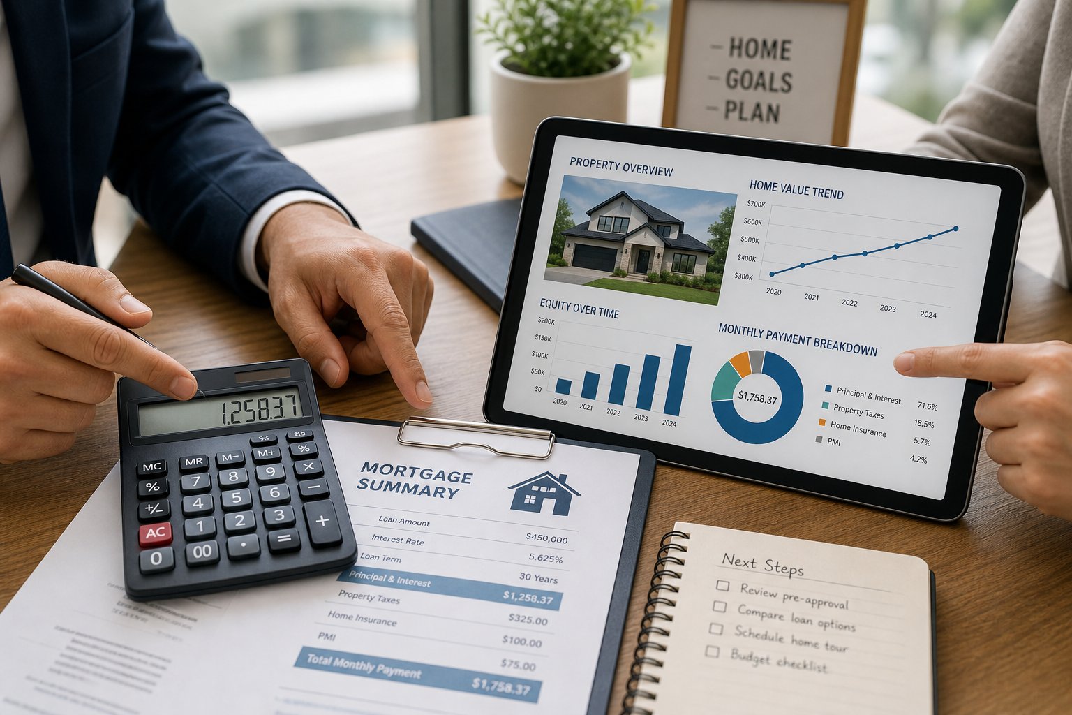 Close-up of hands reviewing mortgage paperwork, calculator, and tablet during a commercial finance consultation.