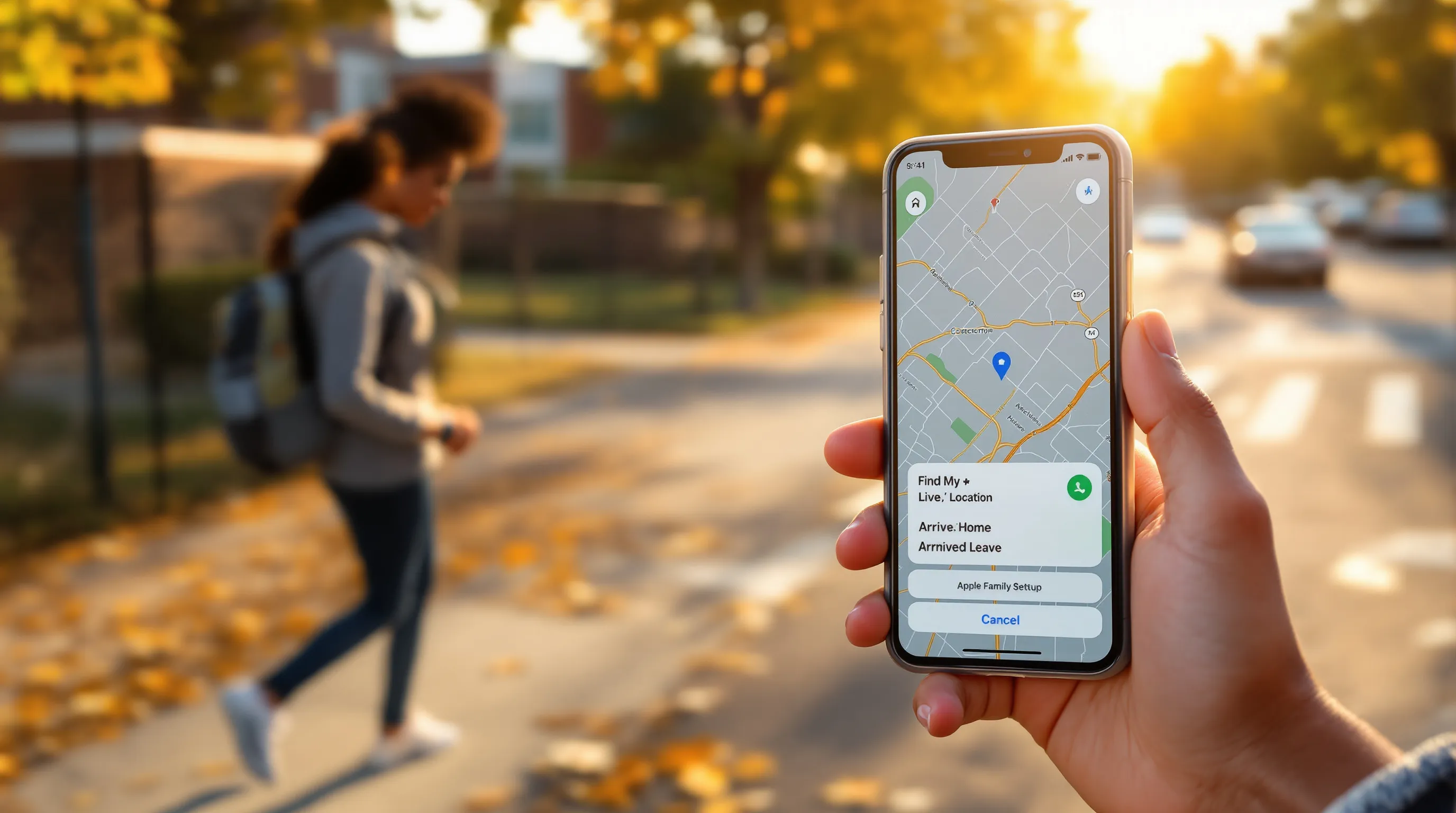 Parent checks teen’s Apple Watch SE location on iPhone after school.