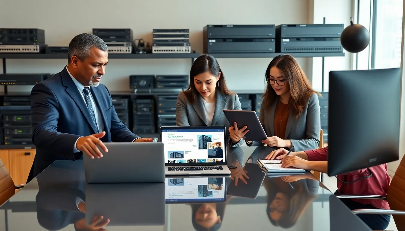 three professionals discussing hardware solutions in a modern office.