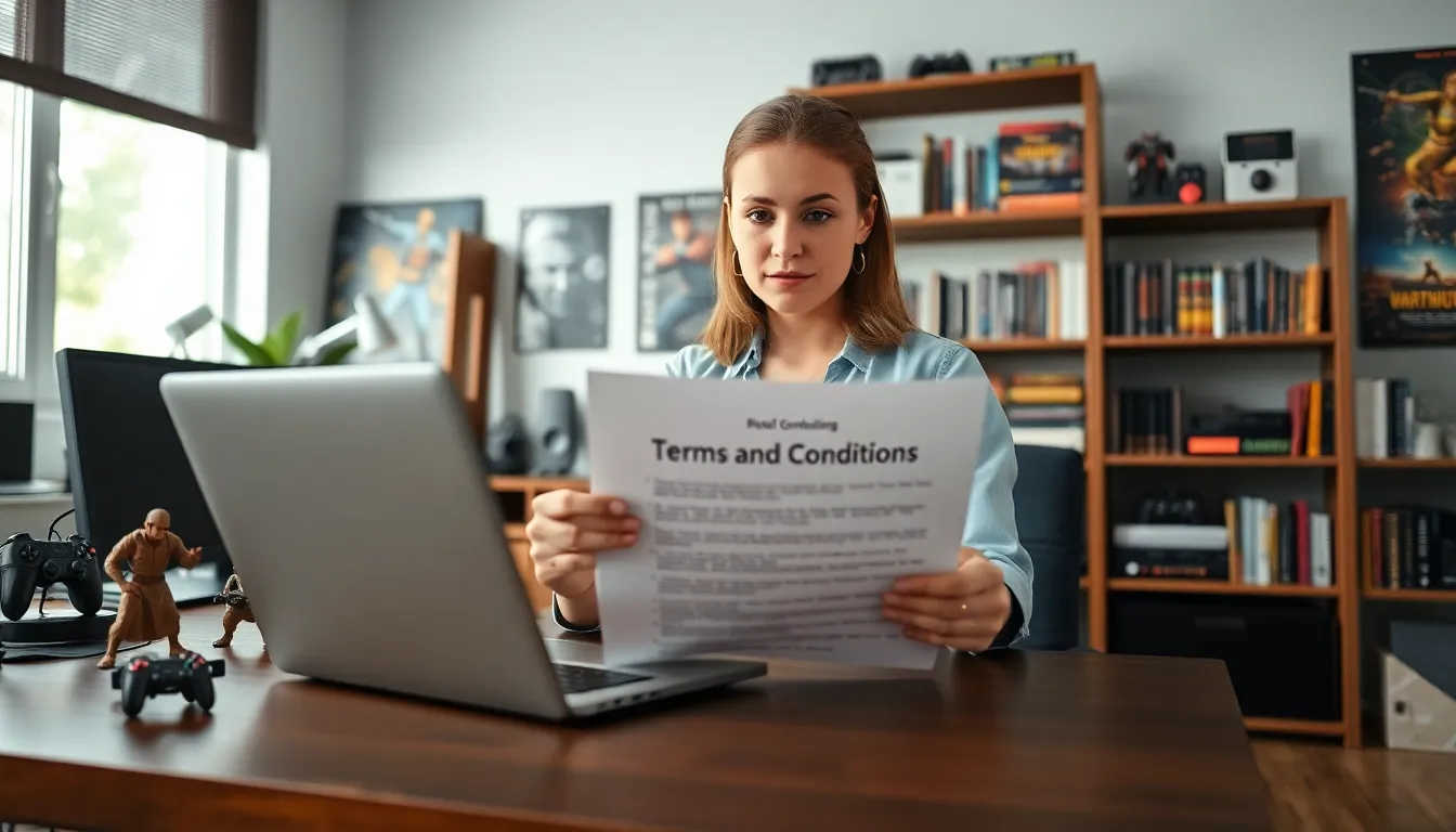 a woman reviewing terms and conditions at a modern desk with gaming memorabilia.