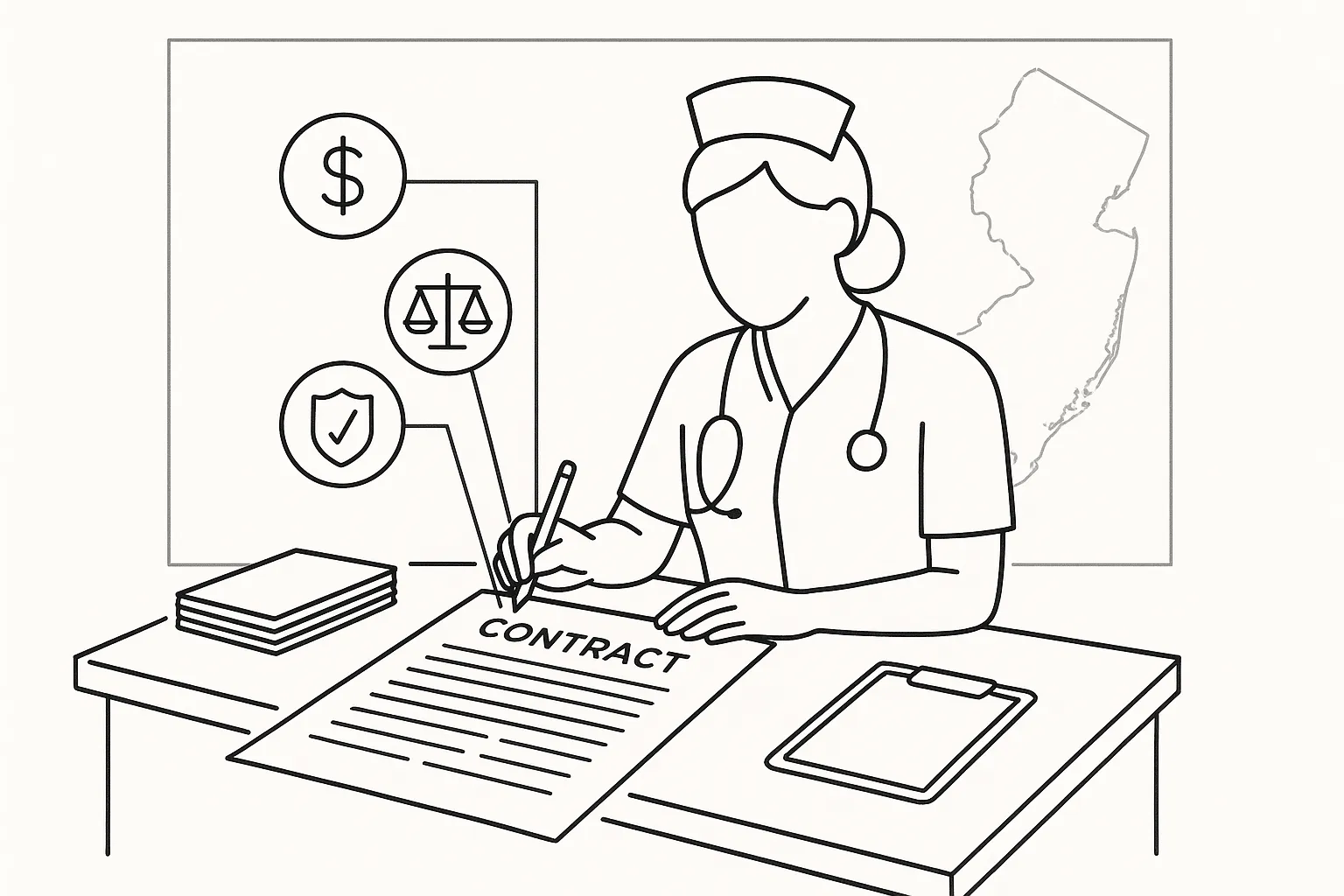 nurse practitioner reviewing a contract with icons for pay, liability, and termination
