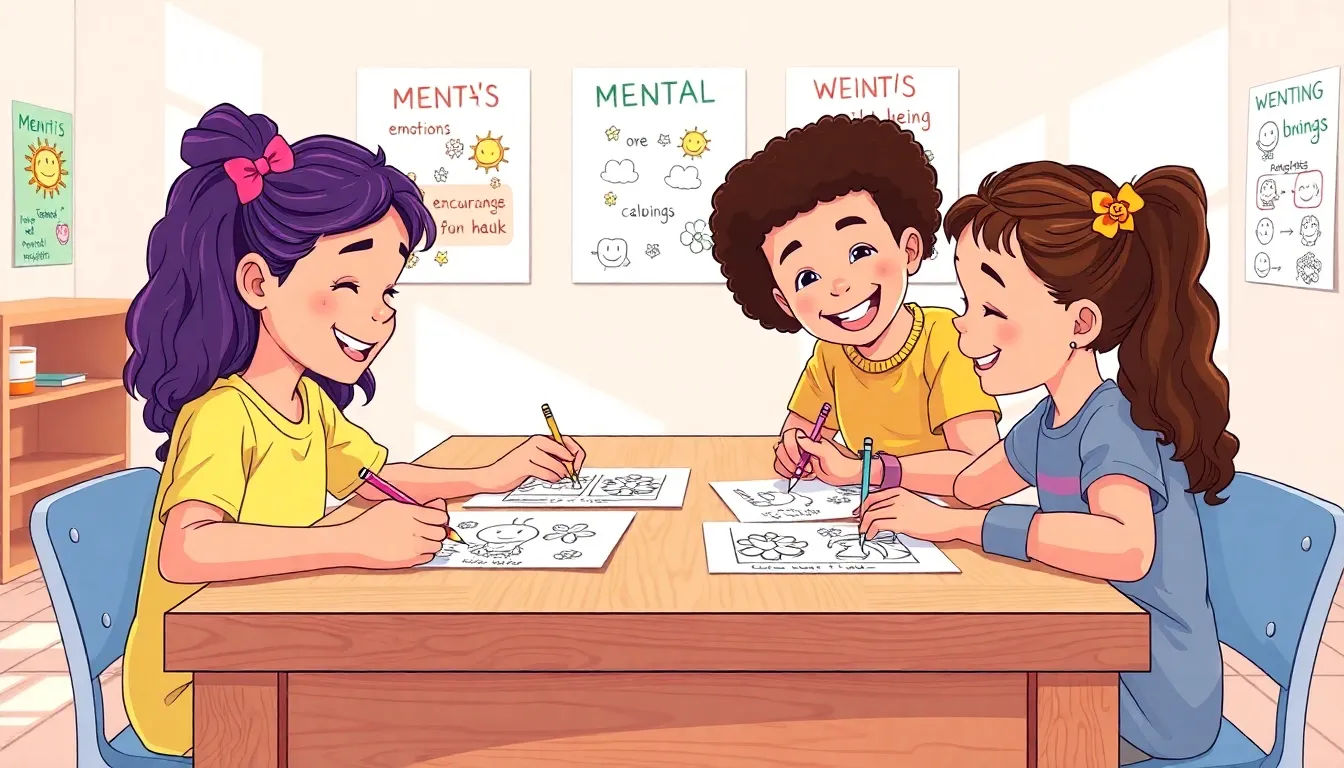 children coloring in a classroom focused on mental health themes.
