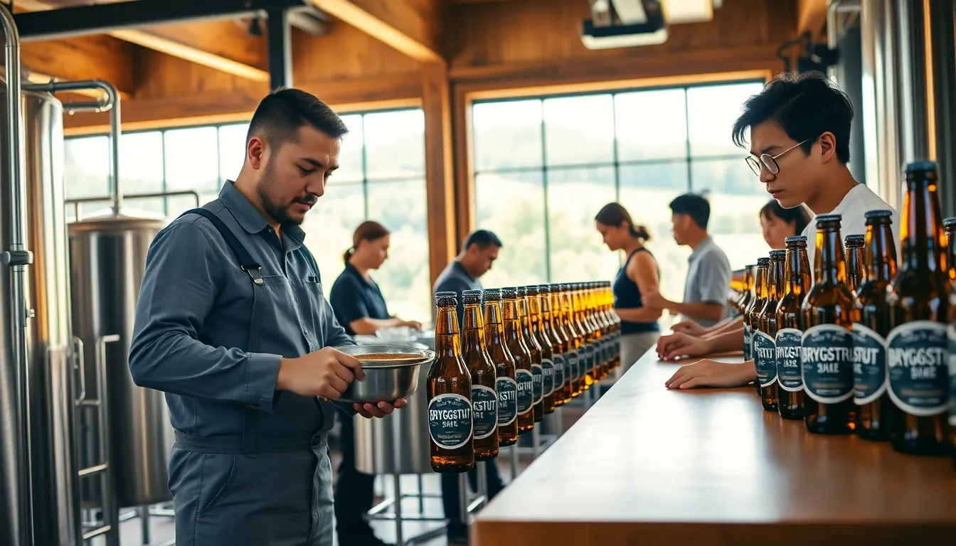 diverse brewers crafting Bryggstrut beer in a stylish brewery setting.