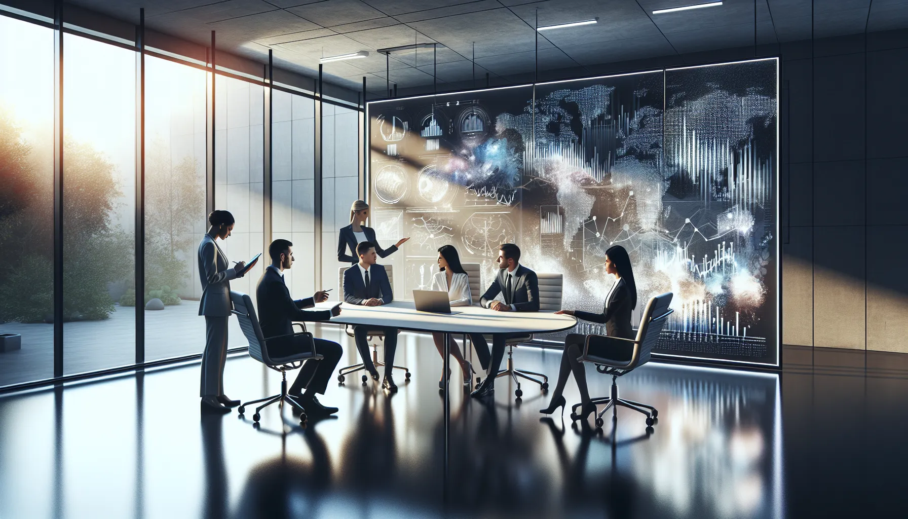 professionals discussing ethical issues of online piracy in a modern office.