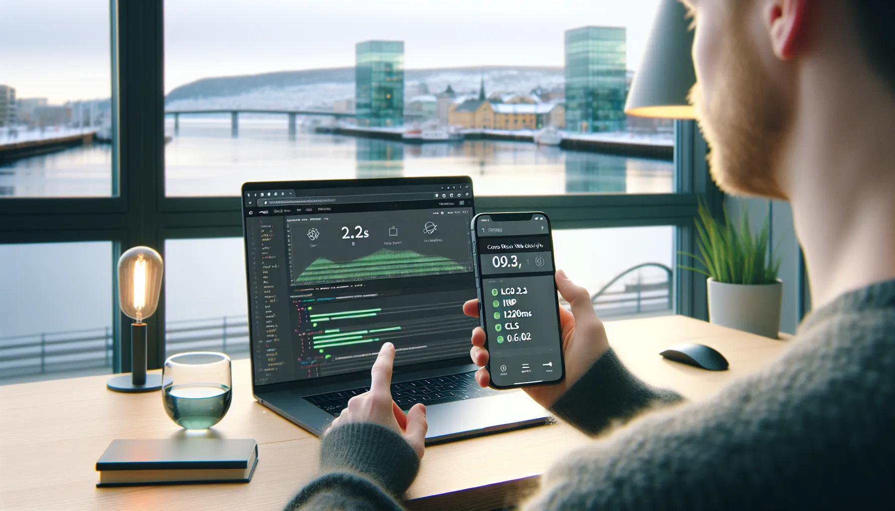 Norwegian designer testing a responsive site with strong core web vitals on phone.