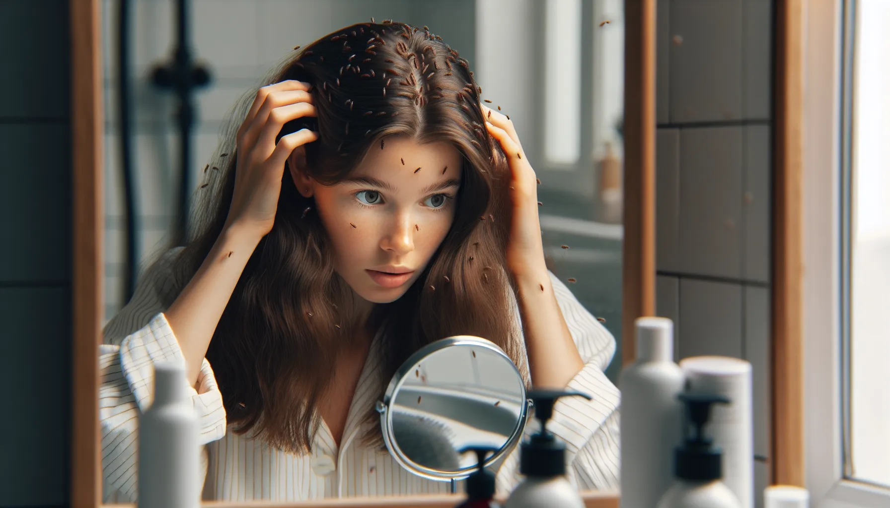 A woman examining her scalp for nits and dandruff in a bathroom.