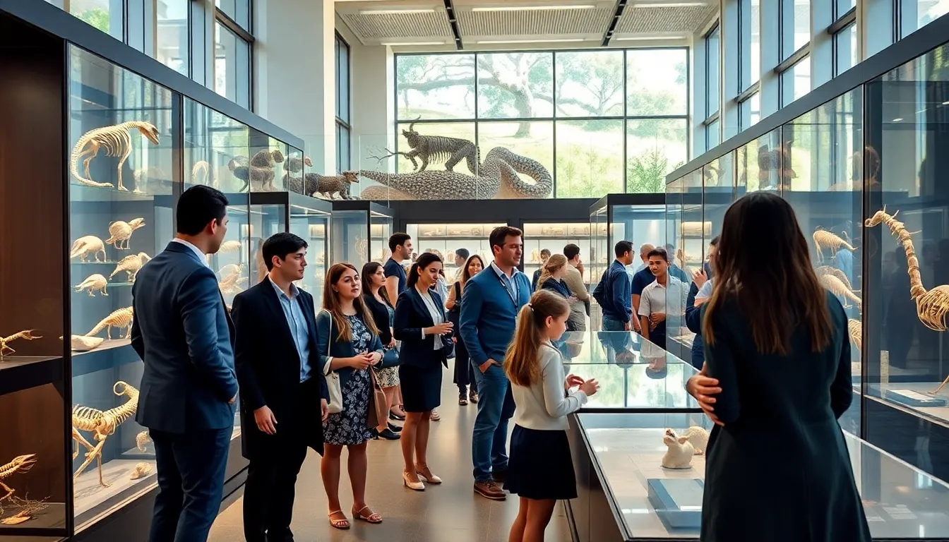 diverse visitors engaging with interactive displays in a modern life science museum.