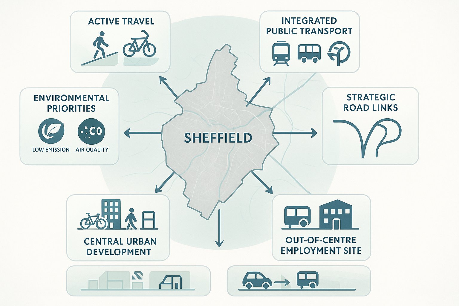 Infographic showing Sheffield transport planning factors, policies, networks, constraints and sustainable travel priorities.