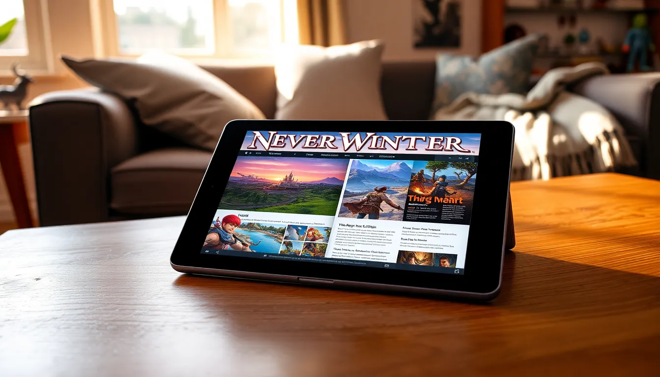 A digital magazine layout for Neverwinter's Redwebzine on a tablet.