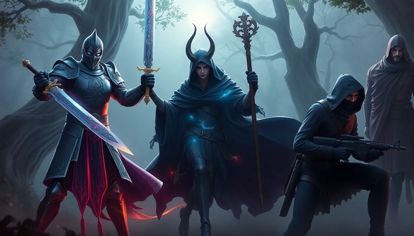 diverse Daemonhunters ready for battle in a mystical forest setting.