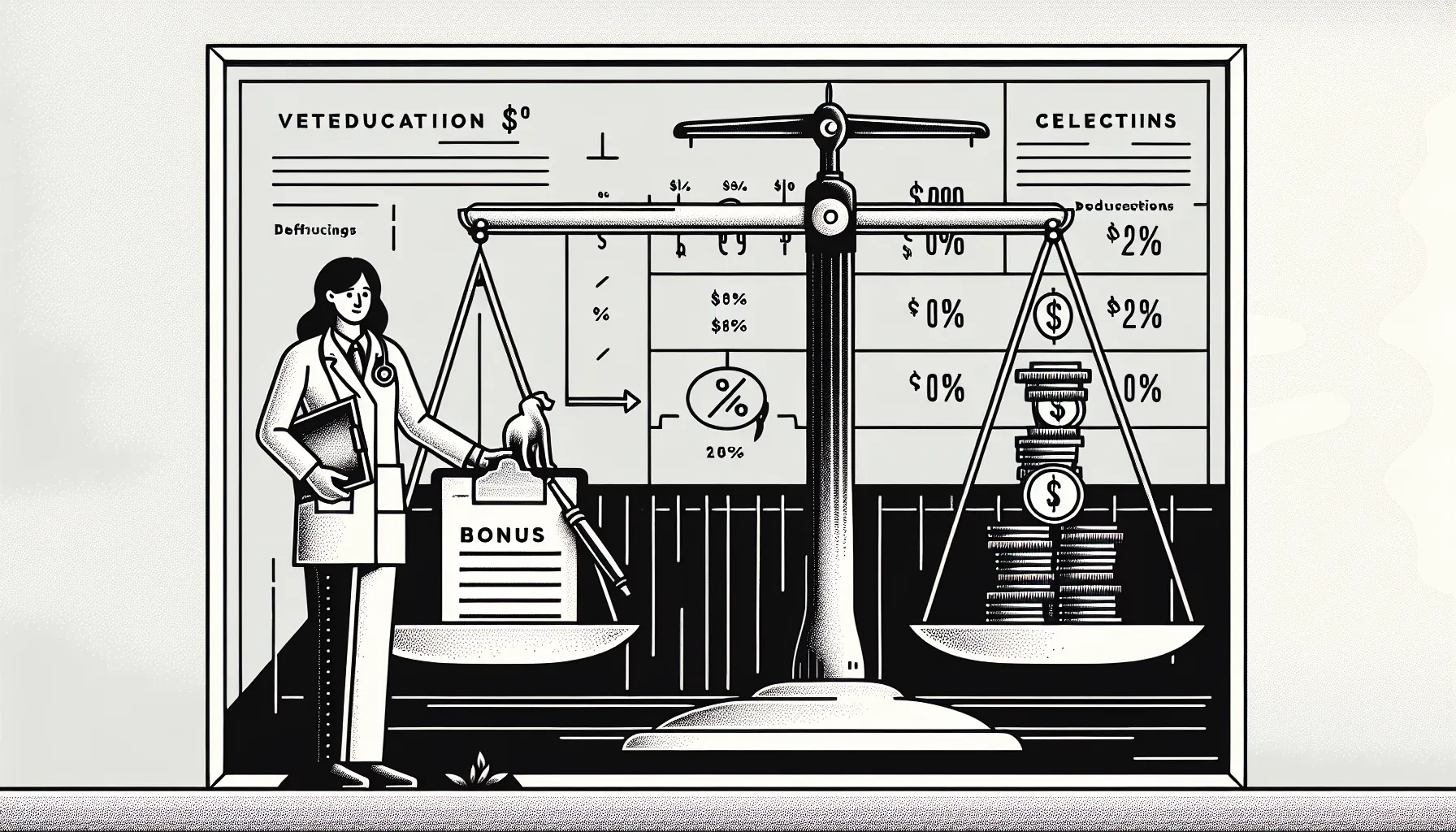 Veterinarian beside scale comparing production versus collections with calendar and paycheck.