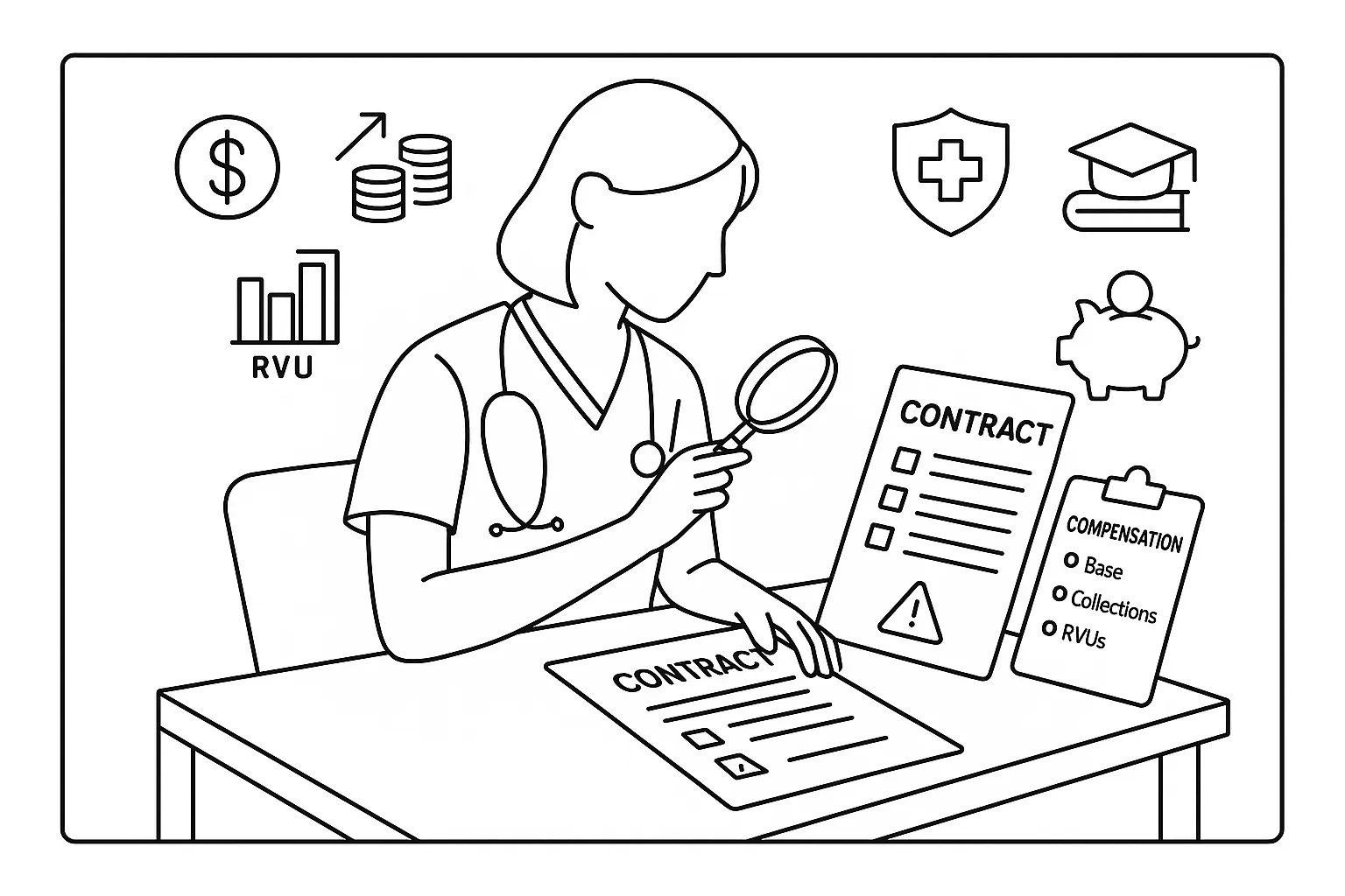 Nurse practitioner at desk reviewing a contract with compensation and benefits icons.