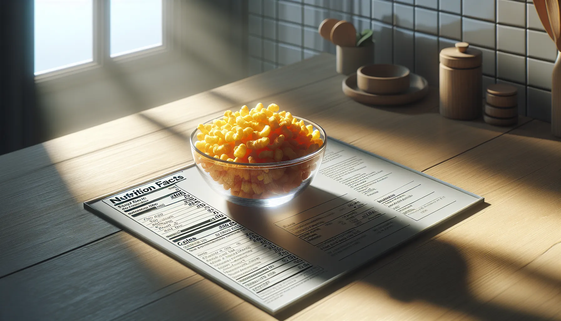 Bowl of čvarci and nutrition facts card on a modern kitchen table.