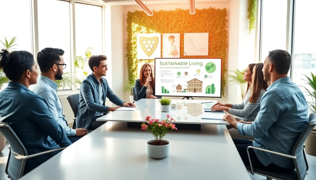 diverse professionals discussing sustainable living in a modern office.