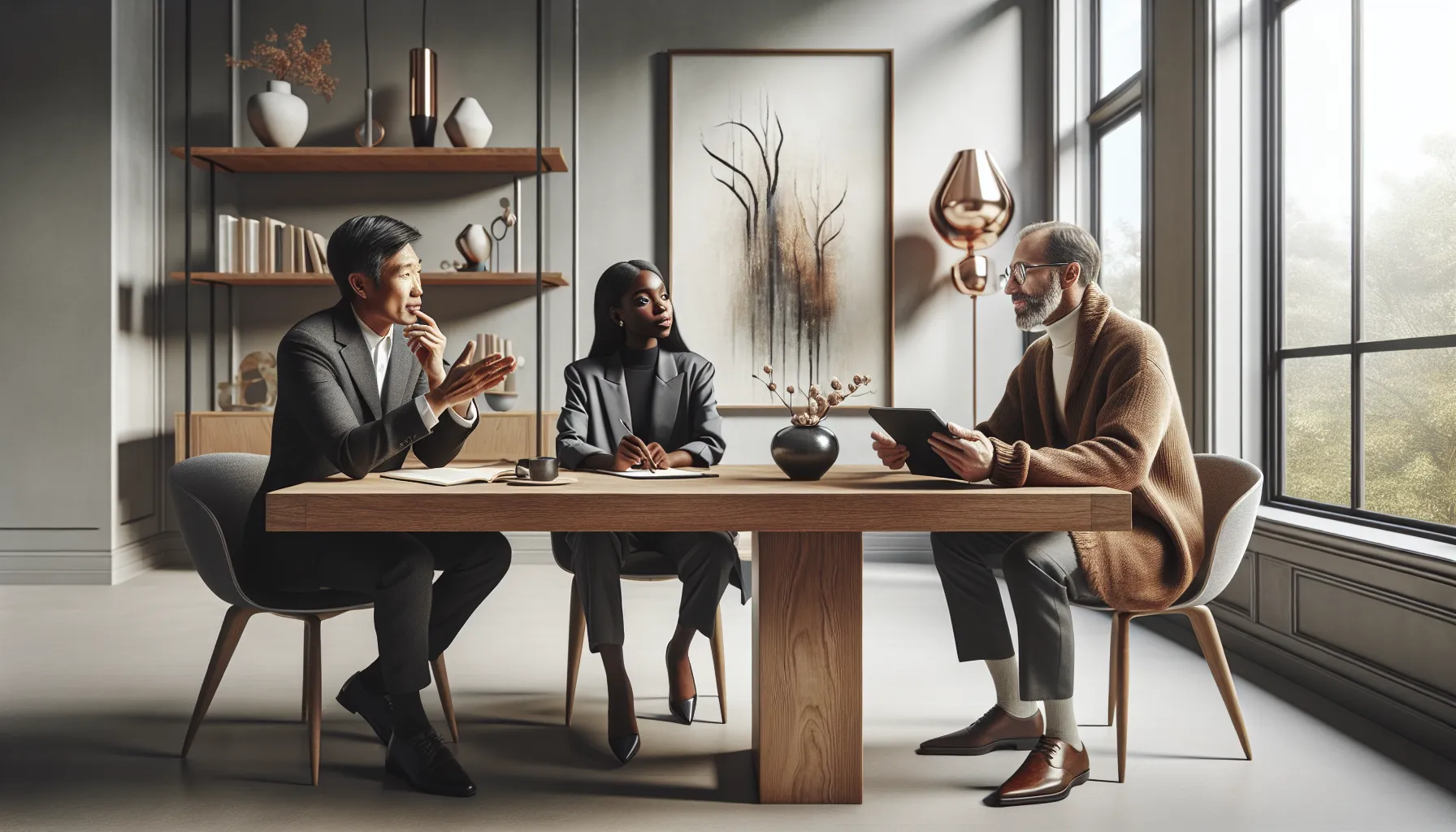 Three professionals discussing different types of asceticism in a modern study.