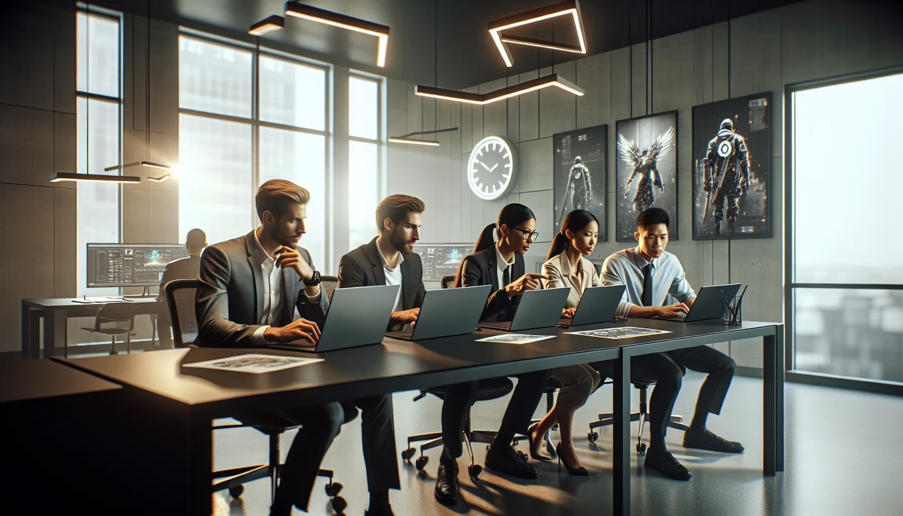 professionals collaborating on Vivid2201 gaming patches in a modern office.