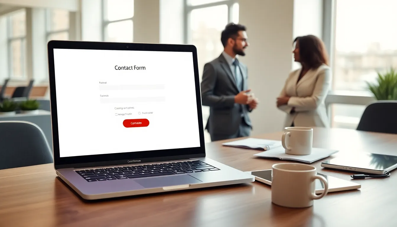 professionals discussing a contact form in a modern office.
