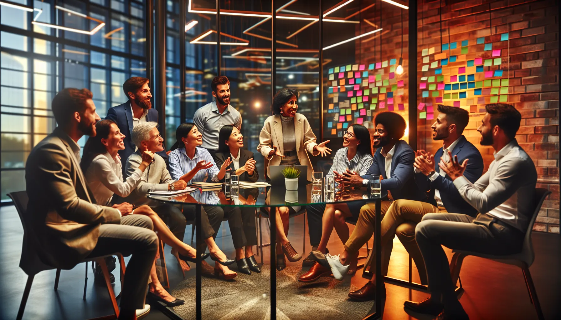 diverse team sharing lighthearted conversation in a modern office.