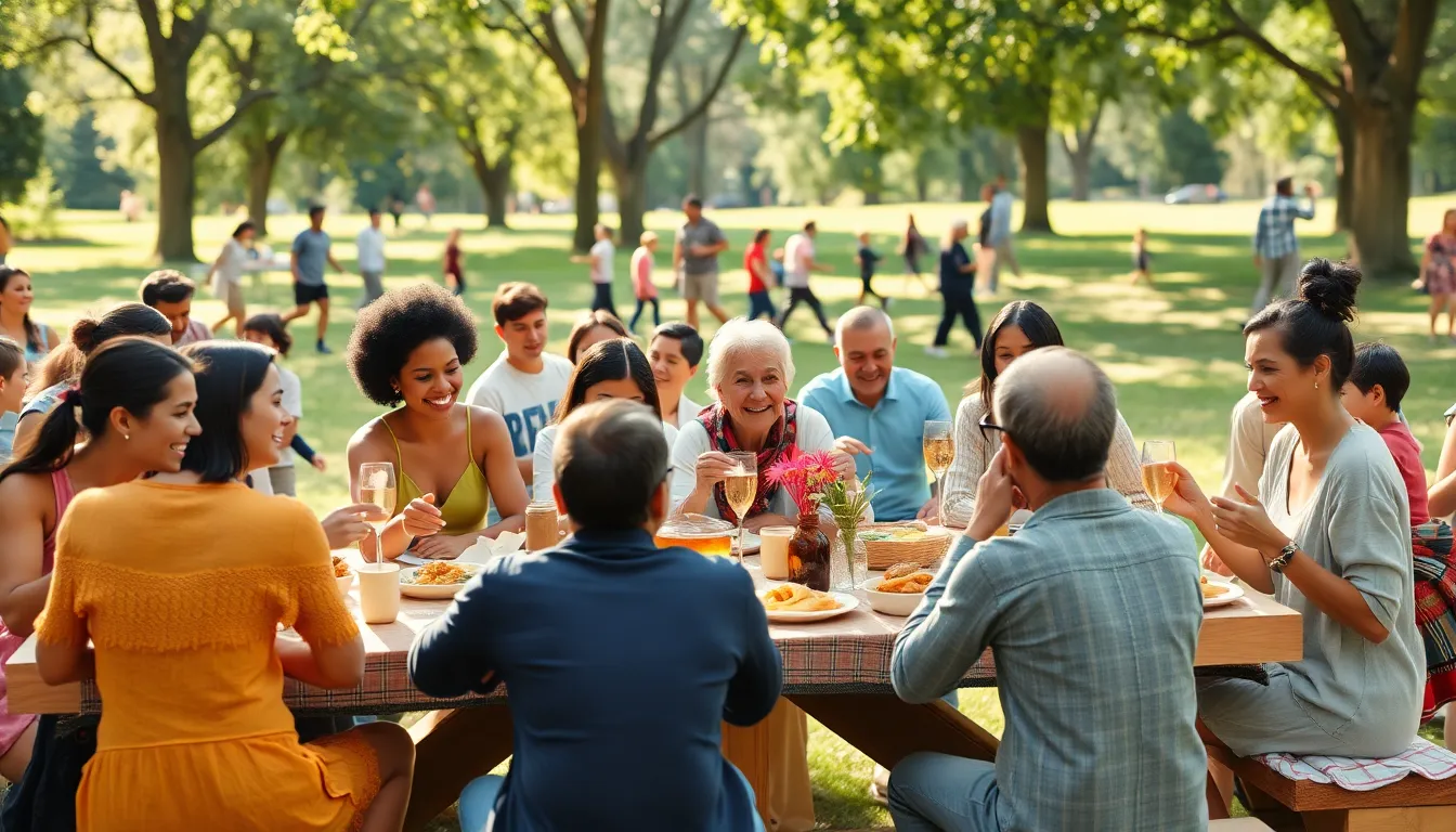 community potluck in a park with diverse people sharing food.