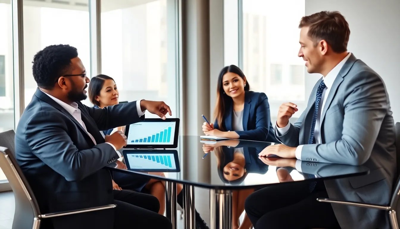 diverse professionals discussing saving strategies in a modern office.
