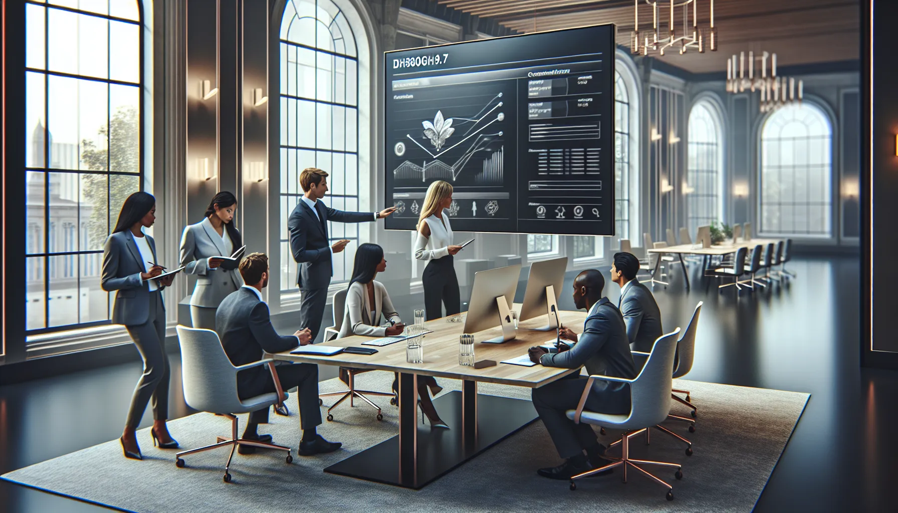 diverse team discussing new software in a modern office.