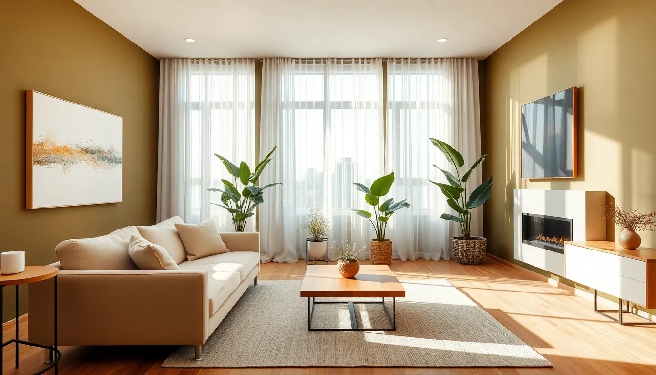 a modern minimalist living room with natural light and plants.