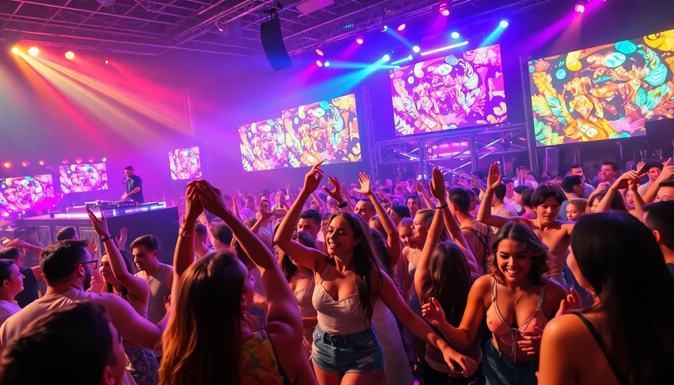 Diverse crowd dancing energetically at a vibrant music festival.