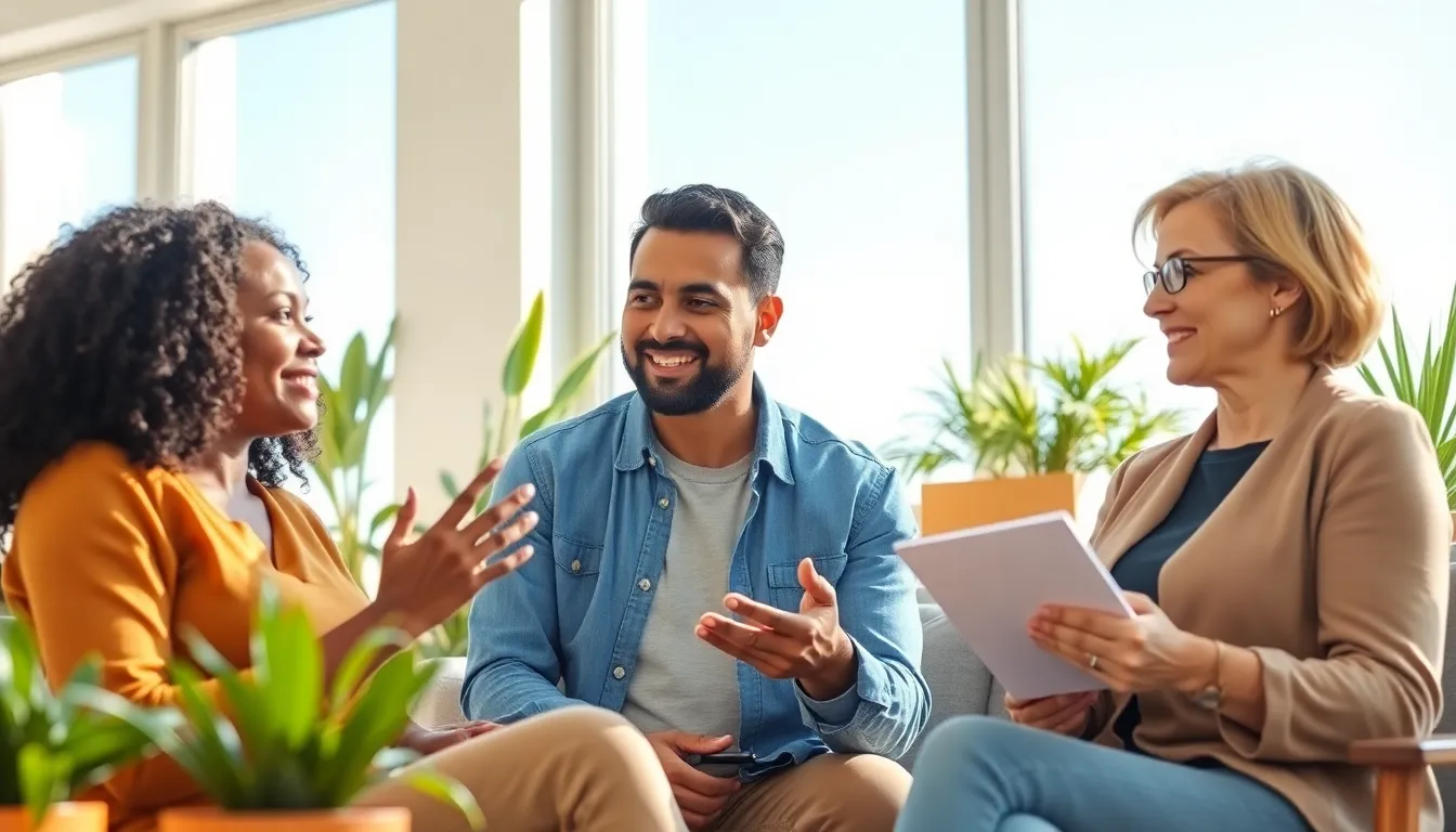 three diverse individuals discussing emotional resilience in a bright room.