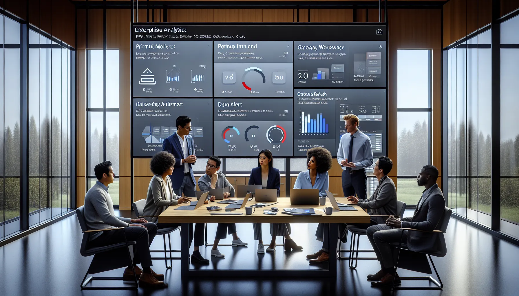 Analytics team reviewing Power BI email alerts and subscriptions in a modern office.